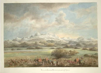 Lord and Lady Hastings, on Elephants, Passing in Front of the Himalayas near Kashipur