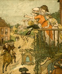 John Gilpin gallops past the Bell Inn as his wife and children wave from the balcony, 1878