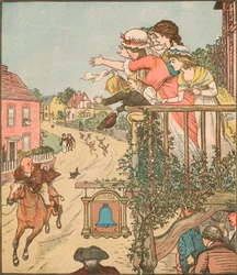 John Gilpin Gallops Past the Bell Inn as His Wife and Children Wave from the Balcony
