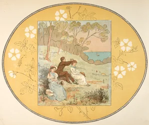 Two Women and a Man Sitting in a Clearing Near the Coast. Floral Border.