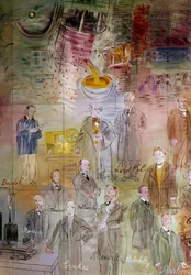The Electricity Fairy, detail: Portraits of Emile Baudot, Samuel Morse, William Thomson (Lord Kelvin), Jules Francois Joubert, Wilhelm Conrad Röntgen, Eleuthere Mascart, Wilhelm Hallwachs, Henri Becquerel, William Crookes, James Clerk Maxwell, Hermann von 