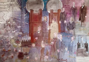 The Electricity Fairy, detail: Portraits of Johann Wilhelm Hittorf, Heinrich Geissler, Henry Moseley, Pierre Curie, Marie Curie, Dmitrij Mendelee, Thomas Edison and Graham Bell. 1937