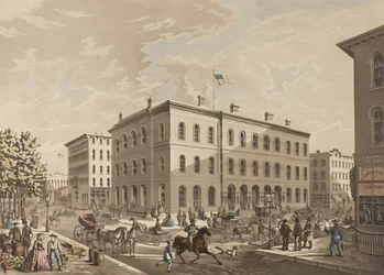 N.W. Corner of Dearborn and Monroe Streets, Chicago, Showing the Post Office Building in the Year 1865