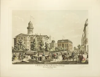N. W. Corner of LaSalle and Randolph, Chicago, Showing Court House Square in the Year 1864