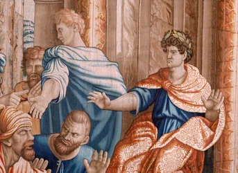 Flemish tapestry. Series Acts of the Apostles. Elymas struck blind. Seventh tapestry in the series. Model Cartoon by Rafael Sanzio. 1519. Manufacture Jan Raes II, Brussels. Ca 1605-1629