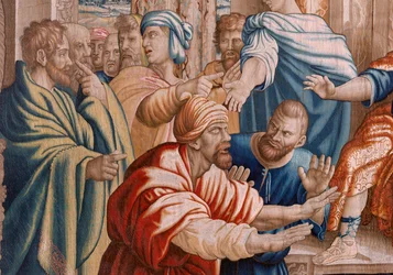 Flemish tapestry. Series Acts of the Apostles. Elymas struck blind. Seventh tapestry in the series. Model Cartoon by Rafael Sanzio. 1519. Manufacture Jan Raes II, Brussels. Ca 1605-1629