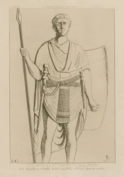 Soldier of the IVth Cohort Dalmatian. Bas Relief of the Artillery Museum in Paris. Unpublished Drawing. Military Costumes - Infantry - Western Empire