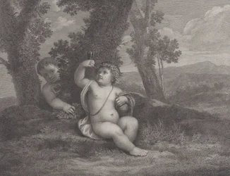 The infant Bacchus seated under a tree, holding up a wine glass, with another infant behind, 1780