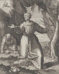 Saint Francis Kneeling with His Arms Outstretched, Looking Towards a Cherub