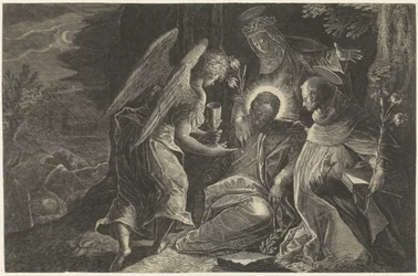 Christ Comforted by an Angel in Gethsemane, with Saint Dominic and Saint Catherine of Siena