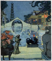 Aladdin in front of the palace of the African magician: illustration for the tale 
