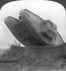 A tank breaking through the wire at Cambrai, France, World War I