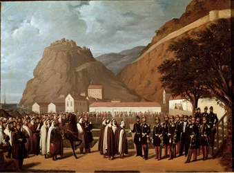 Conquest of Algeria (1830-1847): the submission of Abd el Kader to the Duke of Aumale and the French Army on 24/12/1847 - Painting by Regis Augustin
