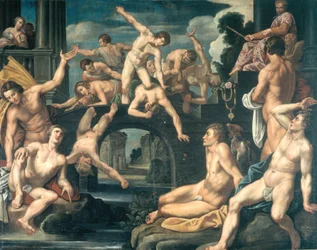 Young Men Wrestling on a Bridge. Allegory