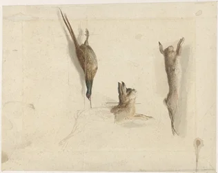 Dead Pheasant and Two Dead Hares
