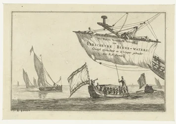 State Barge and Sailing Ships on Calm Water, The Use and Delightful Application of Various Inland Waters; Artfully Depicted and Engraved by R.N. Zeeman (series title on object), Inland Waters (series title)