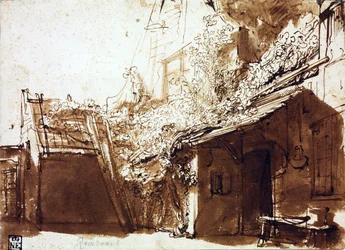 Farmhouse in Light and Shadow - Rembrandt van Rhijn (1606-1669) - 1635-1636 - Pen, brush, brown colour on paper - 16.2x22.5 cm - Szépművészeti Múzeum, Budapest