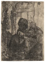 Old Woman Seated in a Cottage with a String of Onions on the Wall