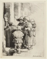 A Blind Hurdy-Gurdy Player and Family Receiving Alms