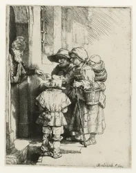 A Blind Hurdy-gurdy Player and His Family Receiving Alms