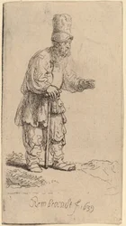 A Peasant in a High Cap, Standing Leaning on a Stick