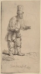 A Peasant in a High Cap, Standing Leaning on a Stick