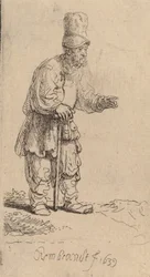 A Peasant in a High Cap, Standing Leaning on a Stick, 1639