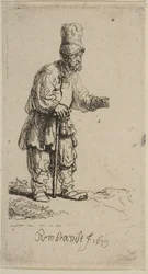 A Peasant in a High Cap, Standing Leaning on a Stick
