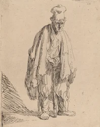 Beggar in a High Cap, Standing and Leaning on a Stick