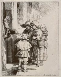 Beggars receiving alms at the door of a house, 1648