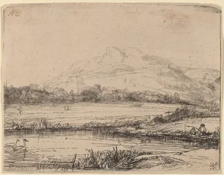 Canal with an Angler and Two Swans