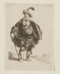 Man Standing in Oriental Costume and Plumed Fur Cap