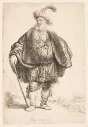 Man Standing in Oriental Costume and Plumed Fur Cap