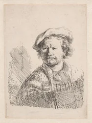 Rembrandt in a flat cap with a shawl about his shoulders