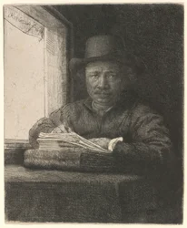 Self-Portrait Etching at a Window