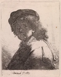 Self Portrait in a Cap and Scarf with the Face Dark