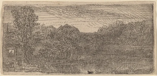 Small Gray Landscape: a House and Trees beside a Pool