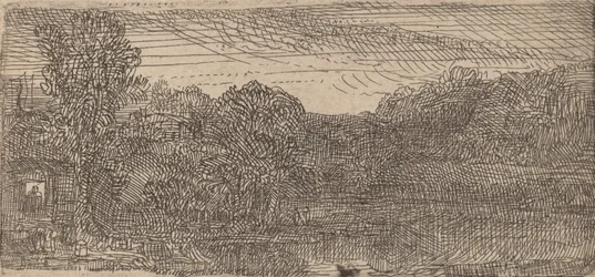 Small Gray Landscape: a House and Trees beside a Pool