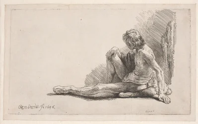 Study from the Nude: Man Seated on the Ground with One Leg Extended