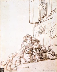 Woman with a Child Afraid of a Dog