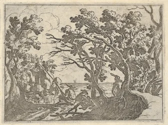 Landscape with onshore fisherman and male onlooker under trees, a man in a boat bow