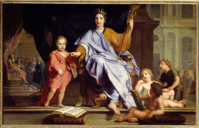 Eloquence. Allegory of crowned eloquence, in the background King Louis XIV before his courtiers. Painting by René Antoine Houasse (1645-1710), 17th century. 0.96 x 1.54 m, Brest, Museum of Fine Arts