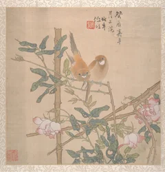 Two Birds Perched on a Flowering Rose Bush