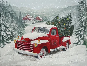 Snowy Red Truck Christmas