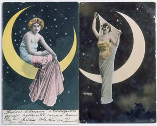 Hungarian and French postcards depicting a woman and a crescent moon (c.1910)