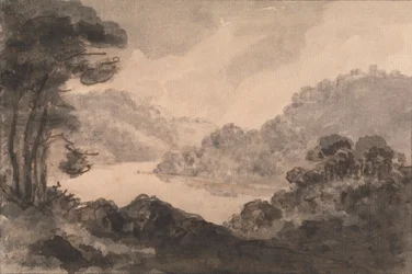 Mountainous Landscape with River, Trees and Foliage in Foreground