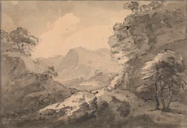 Mountainous Landscape with Rocky Crag at Right