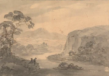 Mountainous Landscape with Two Figures Overlooking a Lake