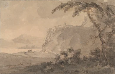 Two Figures on a Road by a Lake