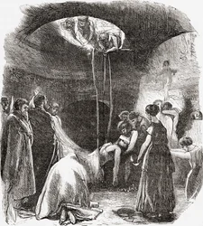 An early Christian burial in The Catacombs of Rome, Italy. From Italian Pictures by Rev. Samuel Manning, published c.1890.
